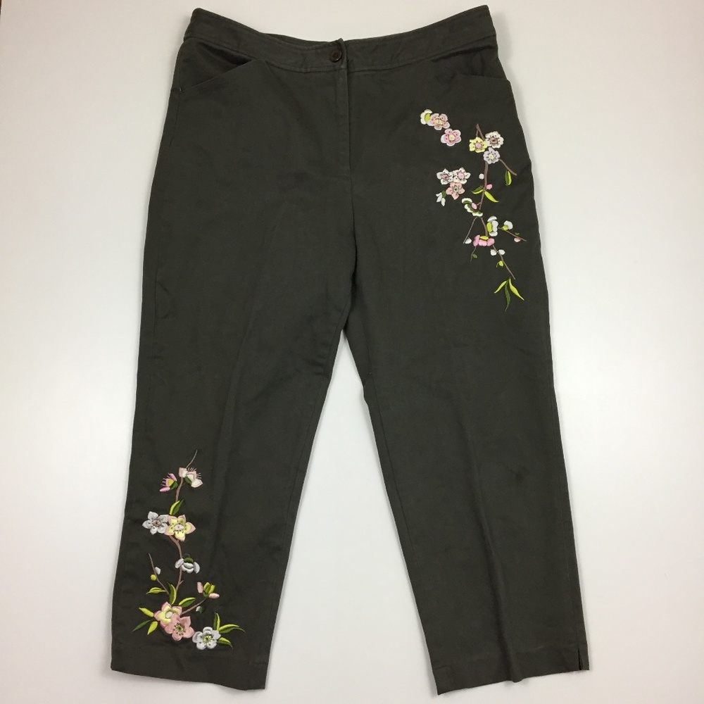 BCBGMAXAZRIA Green Multi Color Floral Embroidery Slit Hem Cropped Pant